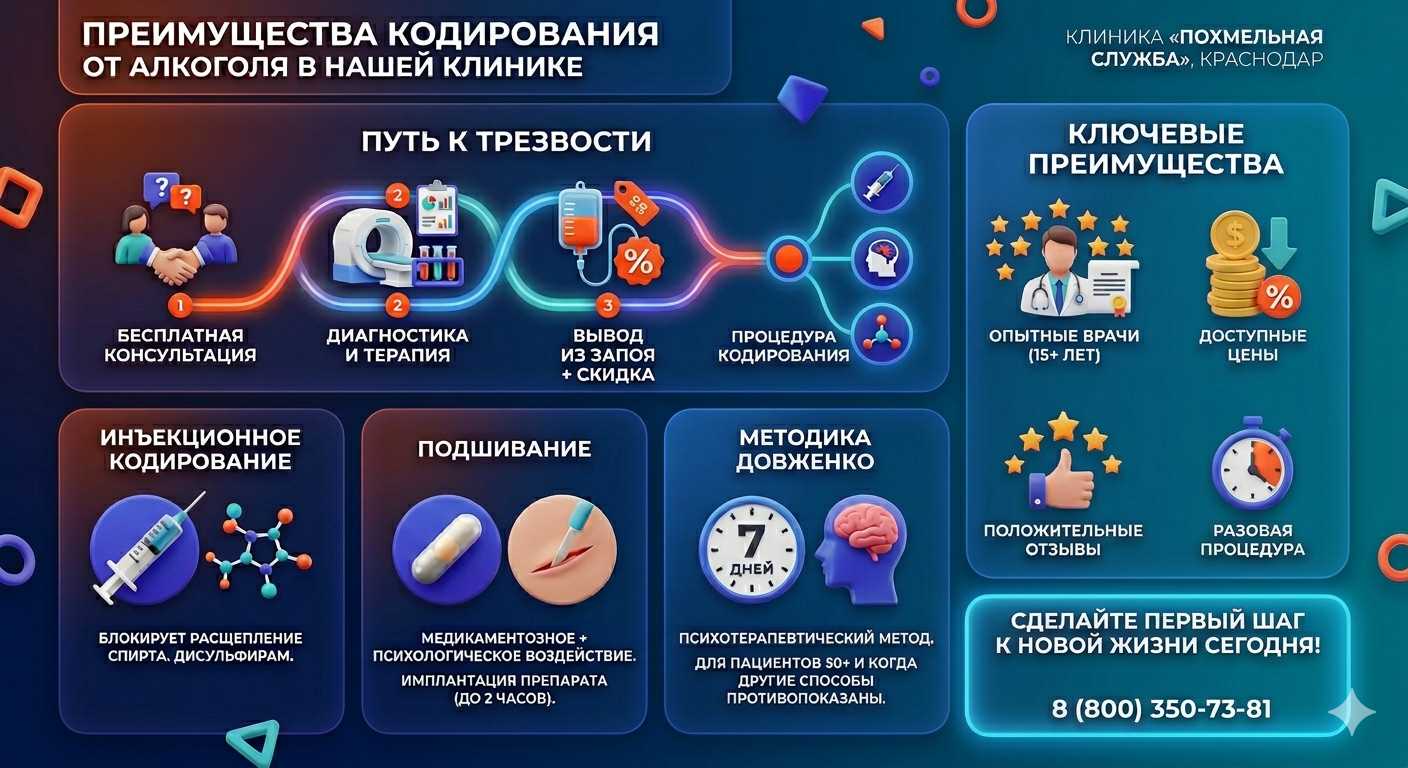 Инфографика о методах кодирования от алкоголя в Пластуновской: инъекции, подшивание, метод Довженко. Преимущества клиники и этапы лечения.