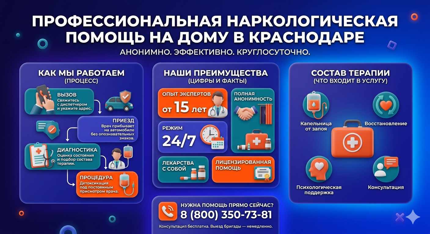 Инфографика о принципах лечения алкоголизма на дому в Пластуновской: этапы вызова нарколога, преимущества анонимной детоксикации и состав медицинской помощи.